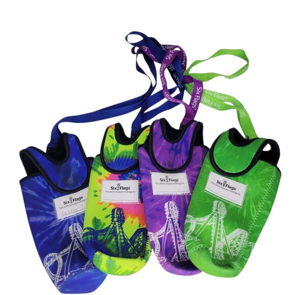 Six Flags Lot 4 Neoprene Water Bottle Holder with Lanyard Tie Dye Print Name Tag - Picture 1 of 7